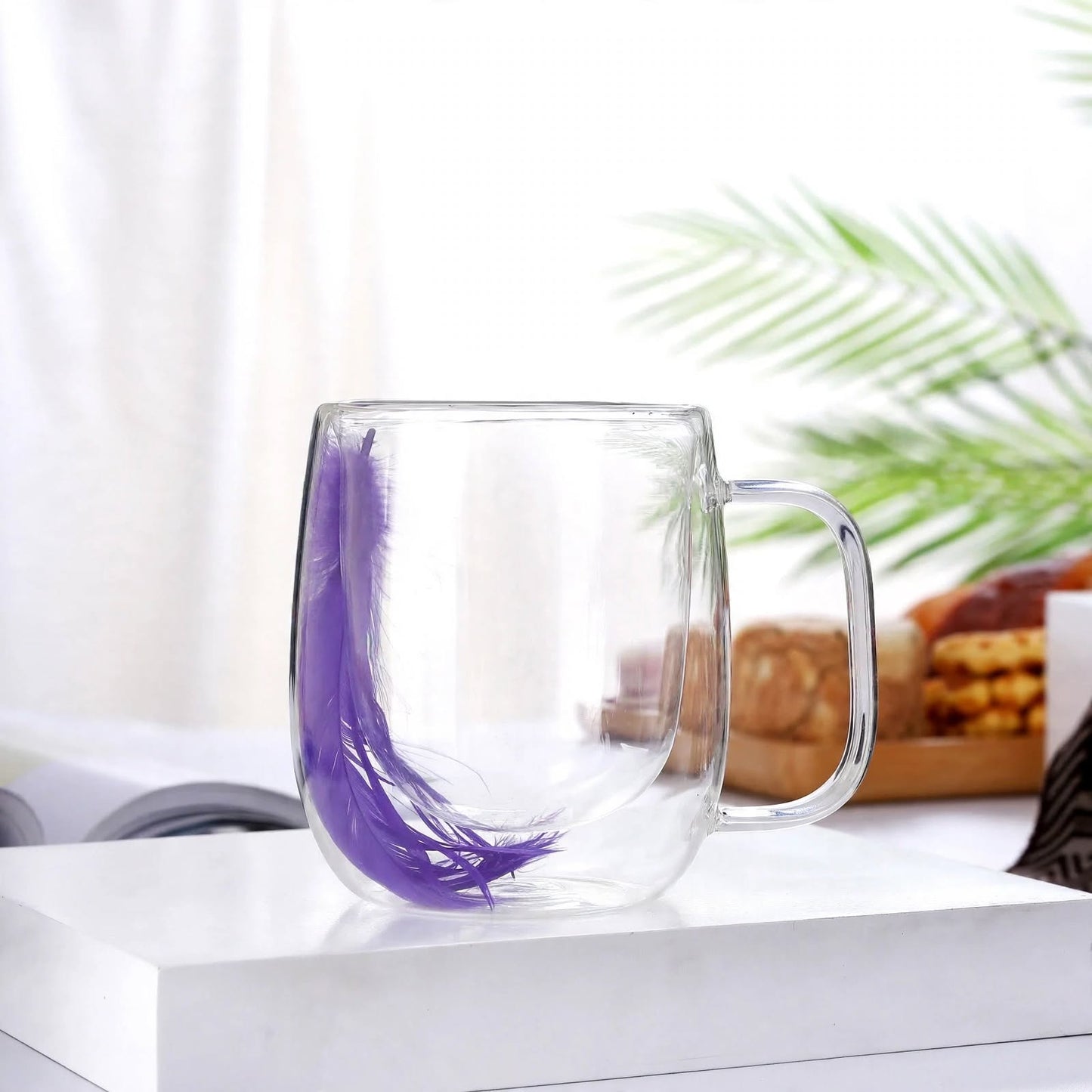Double Wall Glass Mug with Floating Purple Feather – Insulated Creative Coffee and Tea Cup with Handle