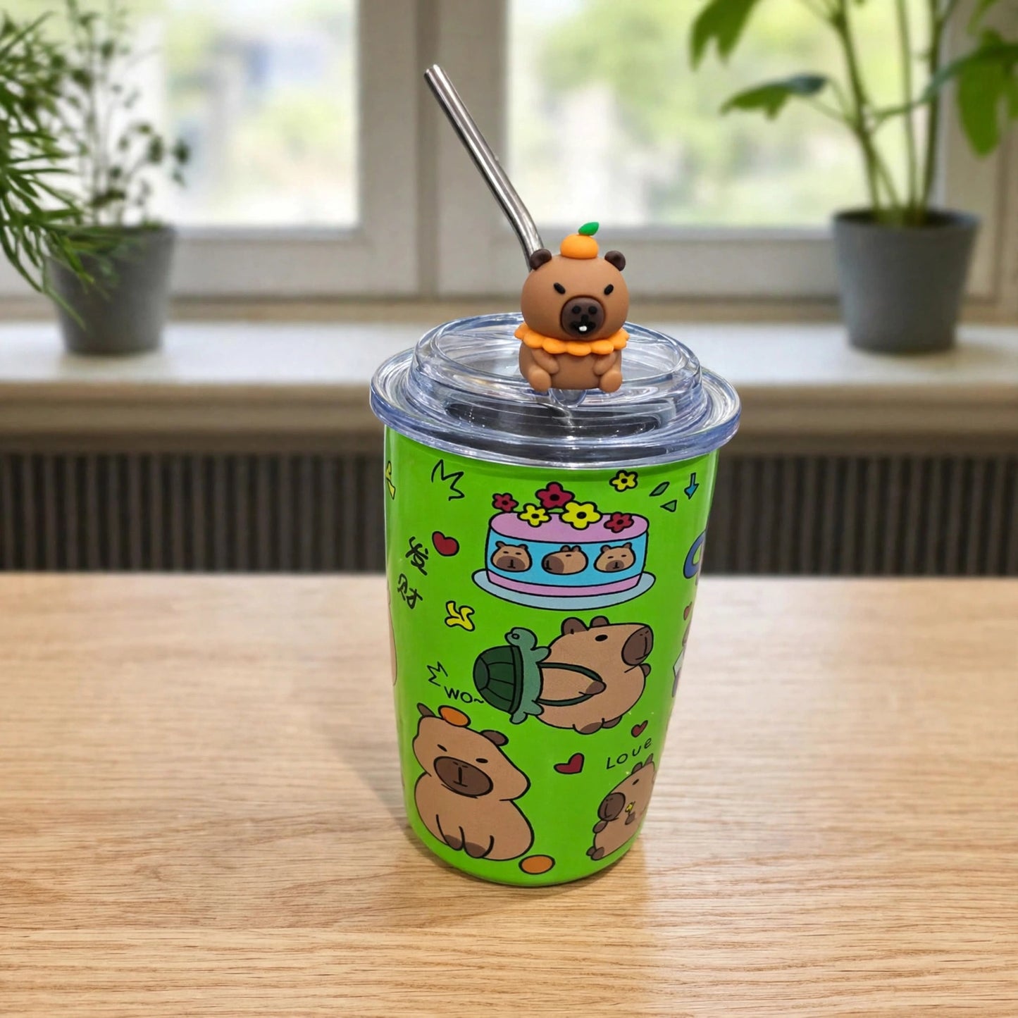 Kawaii Capybara Good Fortune Lime Green 20oz (600ML) Stainless Steel Insulated Tumbler with 3D Toy Figure & Metal Straw