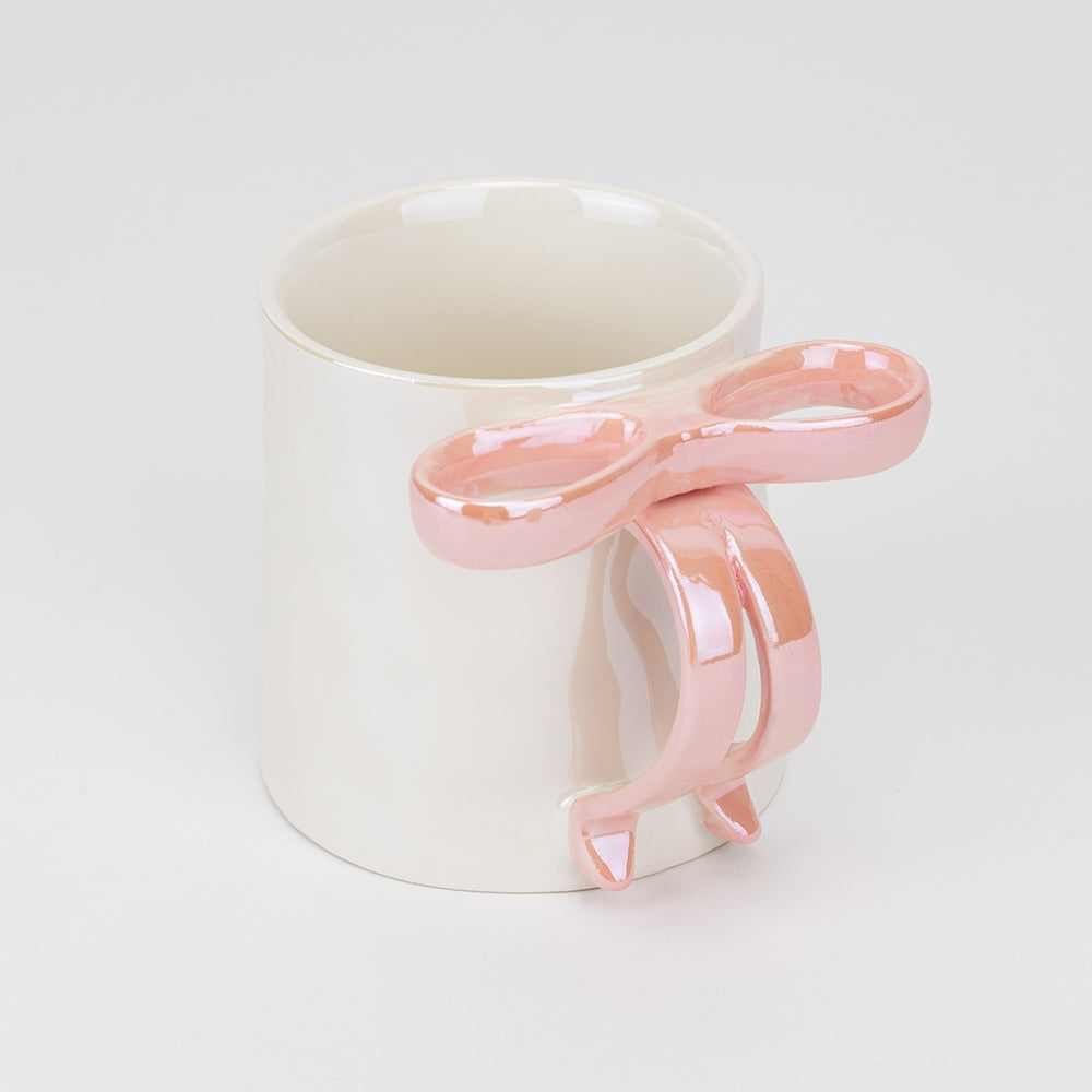 Elegant Cream 3D Bow Handle Ceramic Mug – 350ml Pearlescent Ribbon Coffee Cup with Pink Bowknot Grip