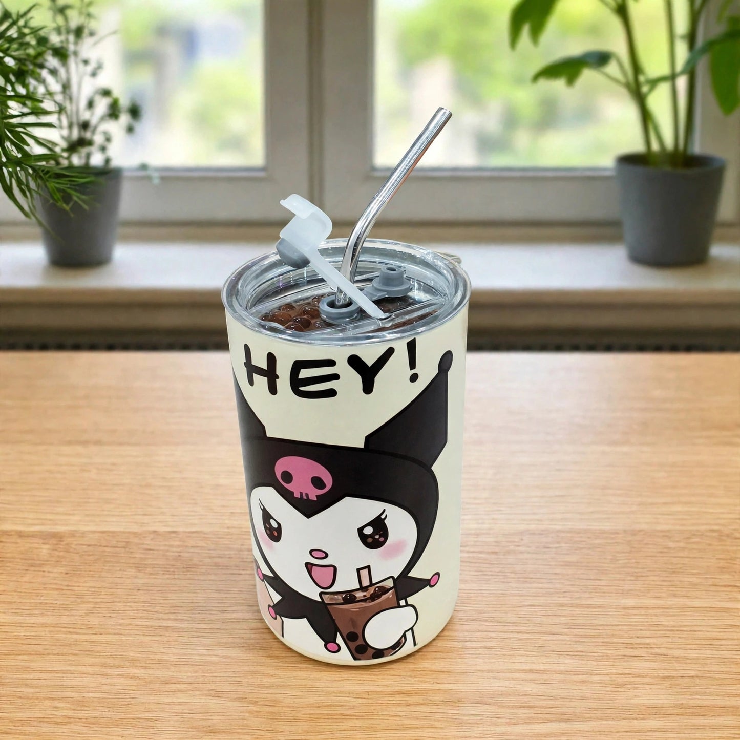 Kawaii Sanrio Kuromi "HEY!" 20oz (600ML) Insulated Stainless Steel Tumbler with Metal Straw - Off White