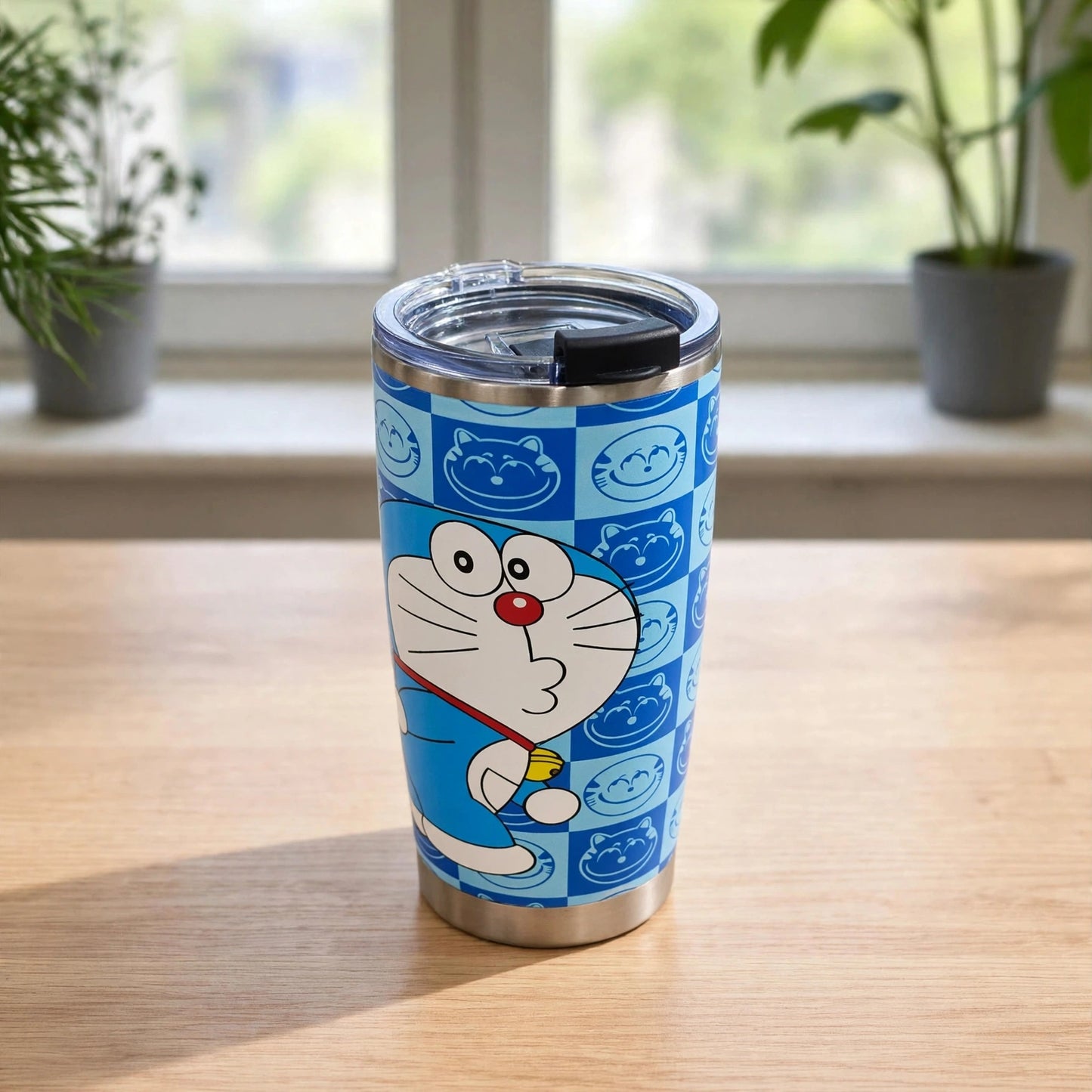 Doraemon Checkerboard Anime 20oz (600ML) Insulated Stainless Steel Travel Tumbler with Flip Lid - Blue