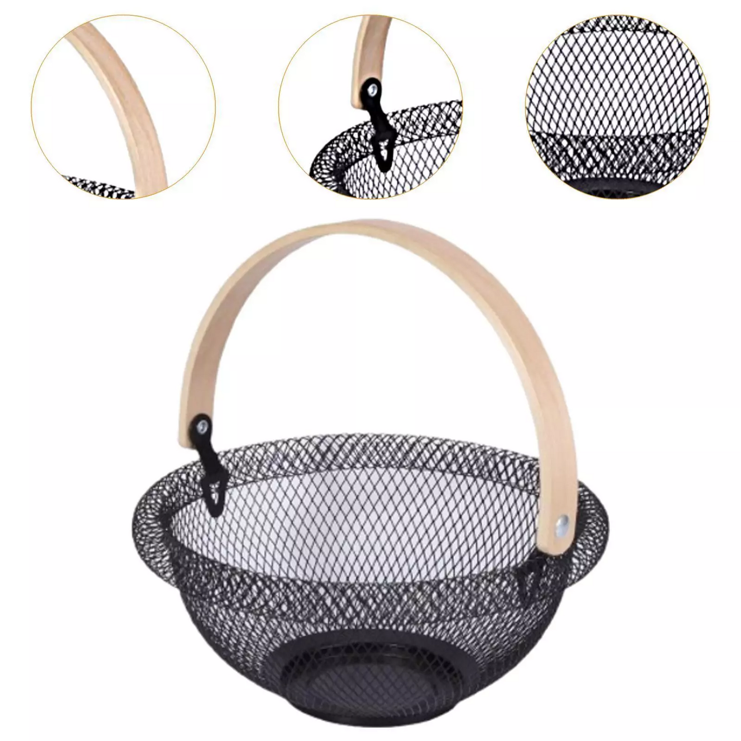 Nordic Matte Black Metal Wire Fruit Basket – Decorative Round Mesh Storage Bowl with Foldable Wooden Handle
