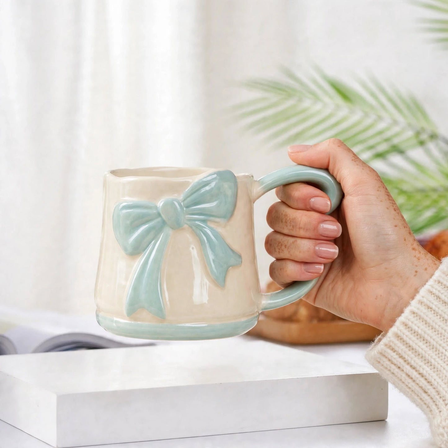 Cute 3D Ribbon Bow Ceramic Mug – 350ml Pearlescent Blue Coffee Cup with Heart-Shaped Handle