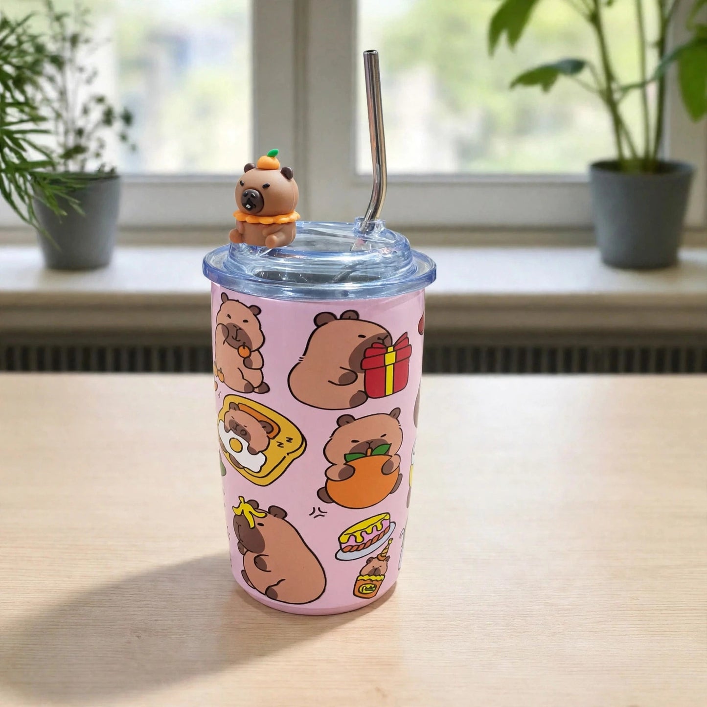 Capybara 500ml Stainless Steel Tumbler with Straw & 3D Topper - Pink