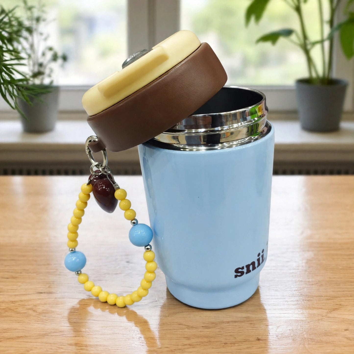 Kawaii Pastel Snoopy Insulated Stainless Steel Mini Tumbler with Heart Charm & Beaded Strap - 350ML