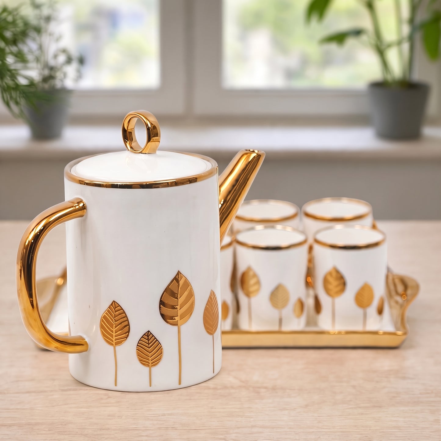 Luxury Golden Leaf Ceramic Tea Set with Matching Serving Tray