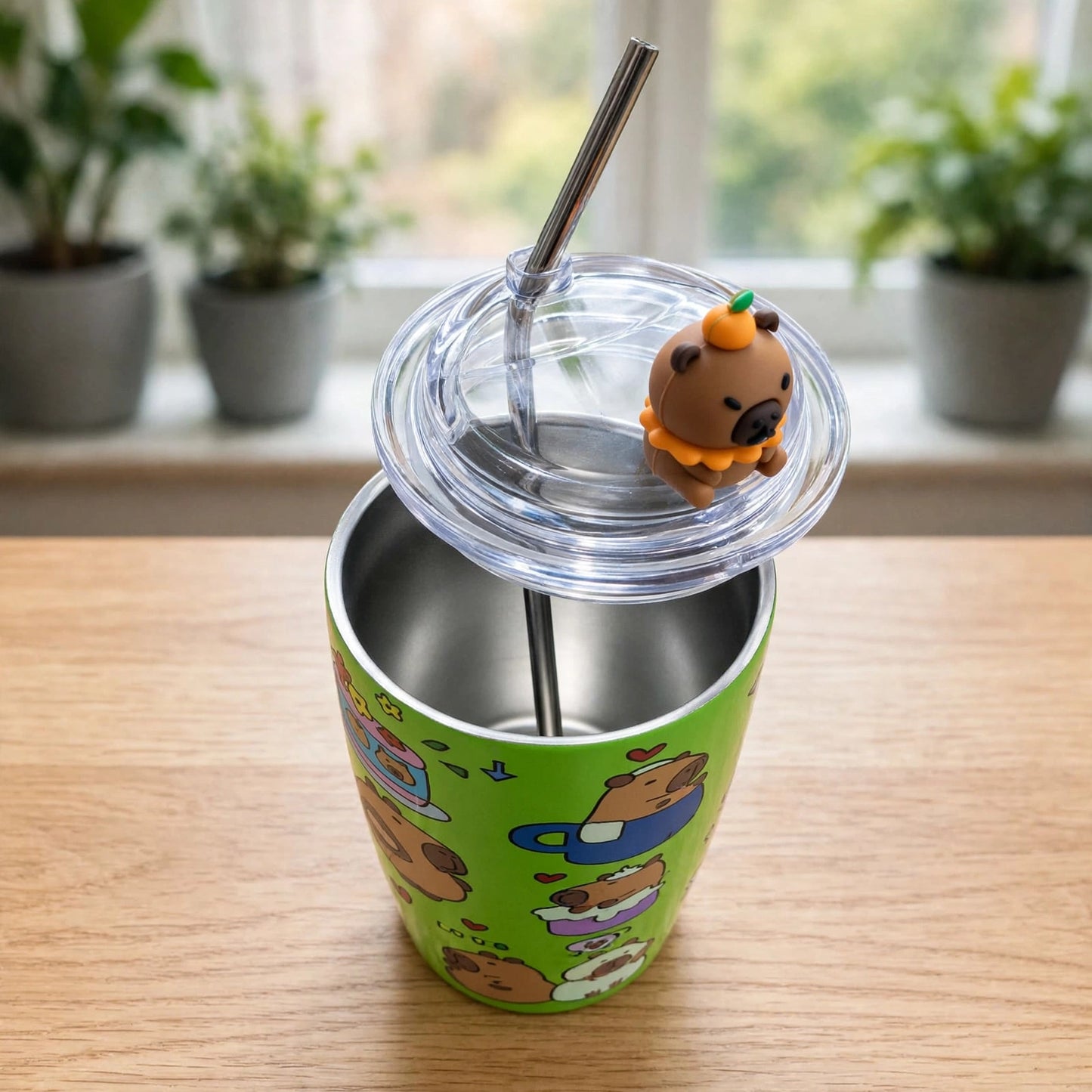 Kawaii Capybara Good Fortune Lime Green 20oz (600ML) Stainless Steel Insulated Tumbler with 3D Toy Figure & Metal Straw