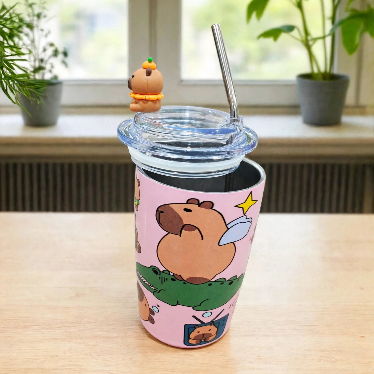 Capybara 500ml Stainless Steel Tumbler with Straw & 3D Topper - Pink