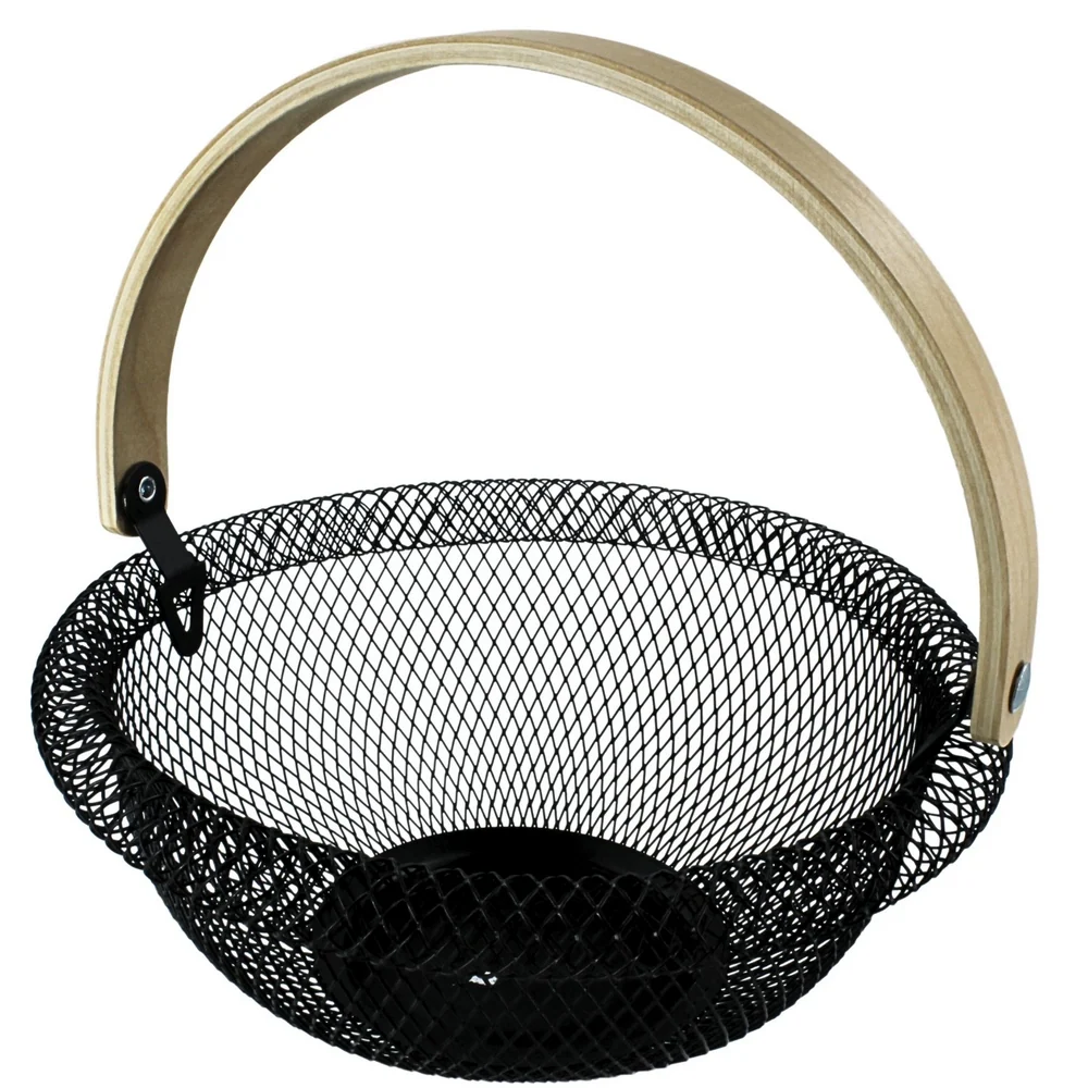 Nordic Matte Black Metal Wire Fruit Basket – Decorative Round Mesh Storage Bowl with Foldable Wooden Handle