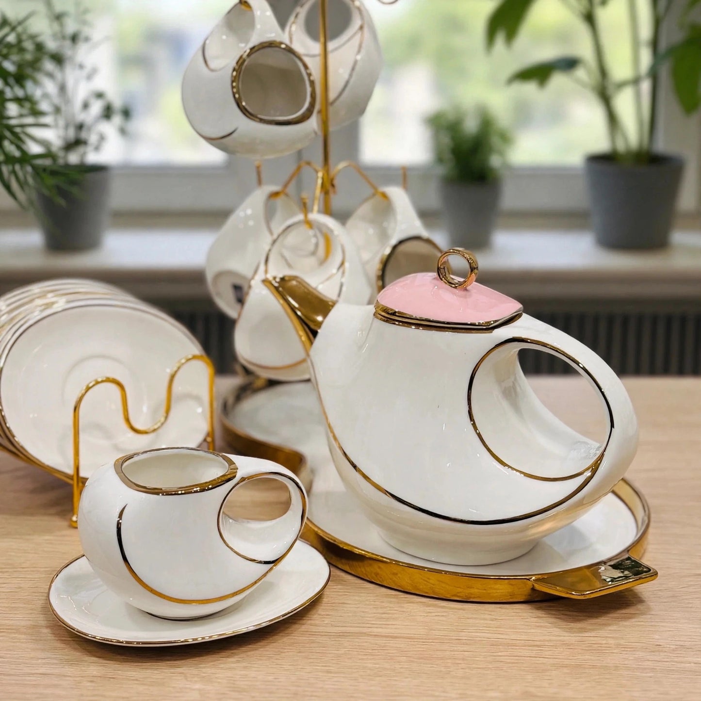 Blush Blossom Tea Set - Luxury 16-Piece White, Pink & Gold Ceramic Set with Stand