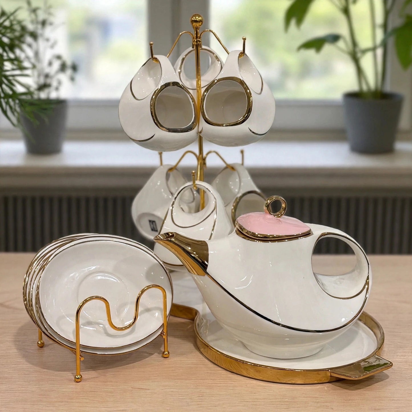 Blush Blossom Tea Set - Luxury 16-Piece White, Pink & Gold Ceramic Set with Stand