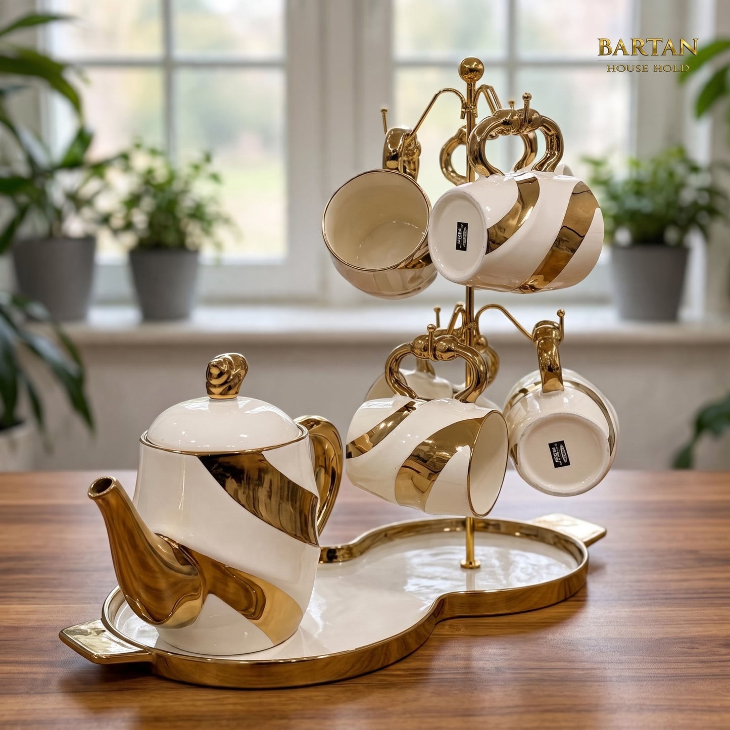 Luxury 15 Pcs Swirl Ceramic Tea Set with Tray & Stand