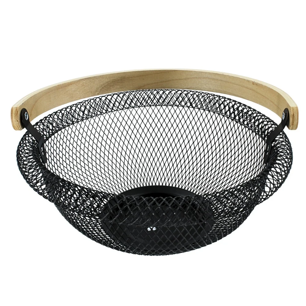 Nordic Matte Black Metal Wire Fruit Basket – Decorative Round Mesh Storage Bowl with Foldable Wooden Handle
