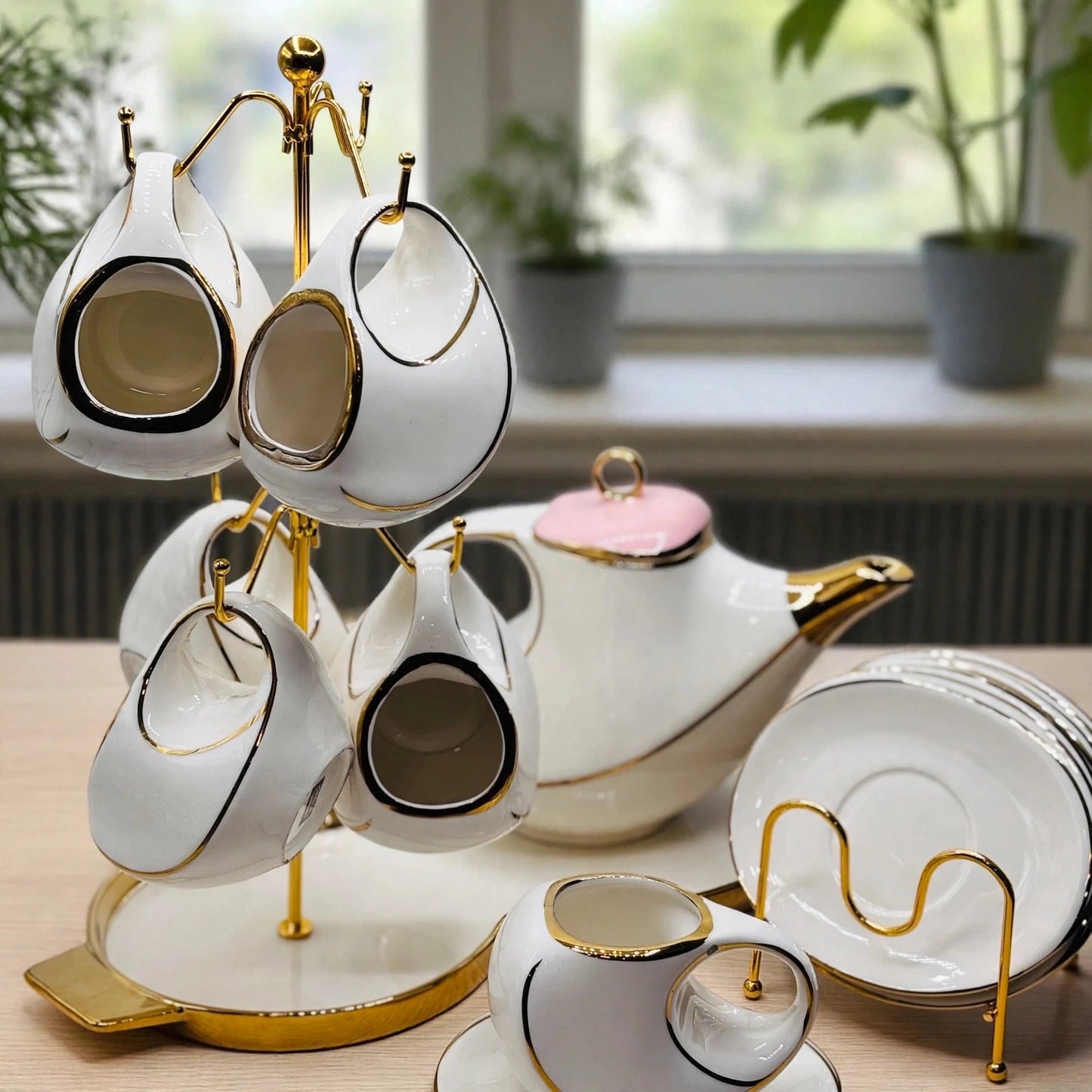 Blush Blossom Tea Set - Luxury 16-Piece White, Pink & Gold Ceramic Set with Stand