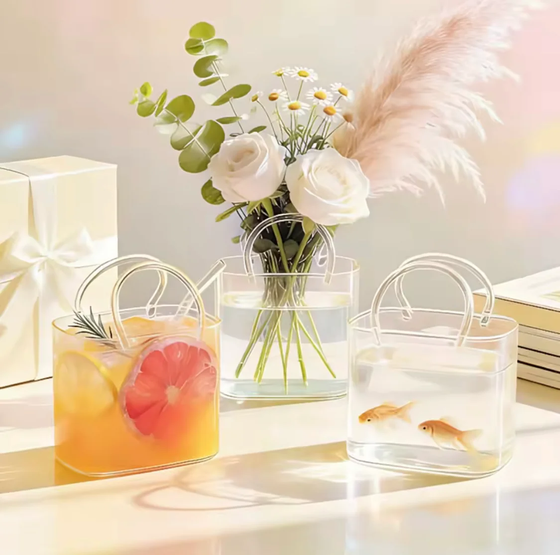 Aesthetic Handbag Glass Cup with Straw – 400ml Creative Purse-Shaped Beverage Tumbler and Flower Vase