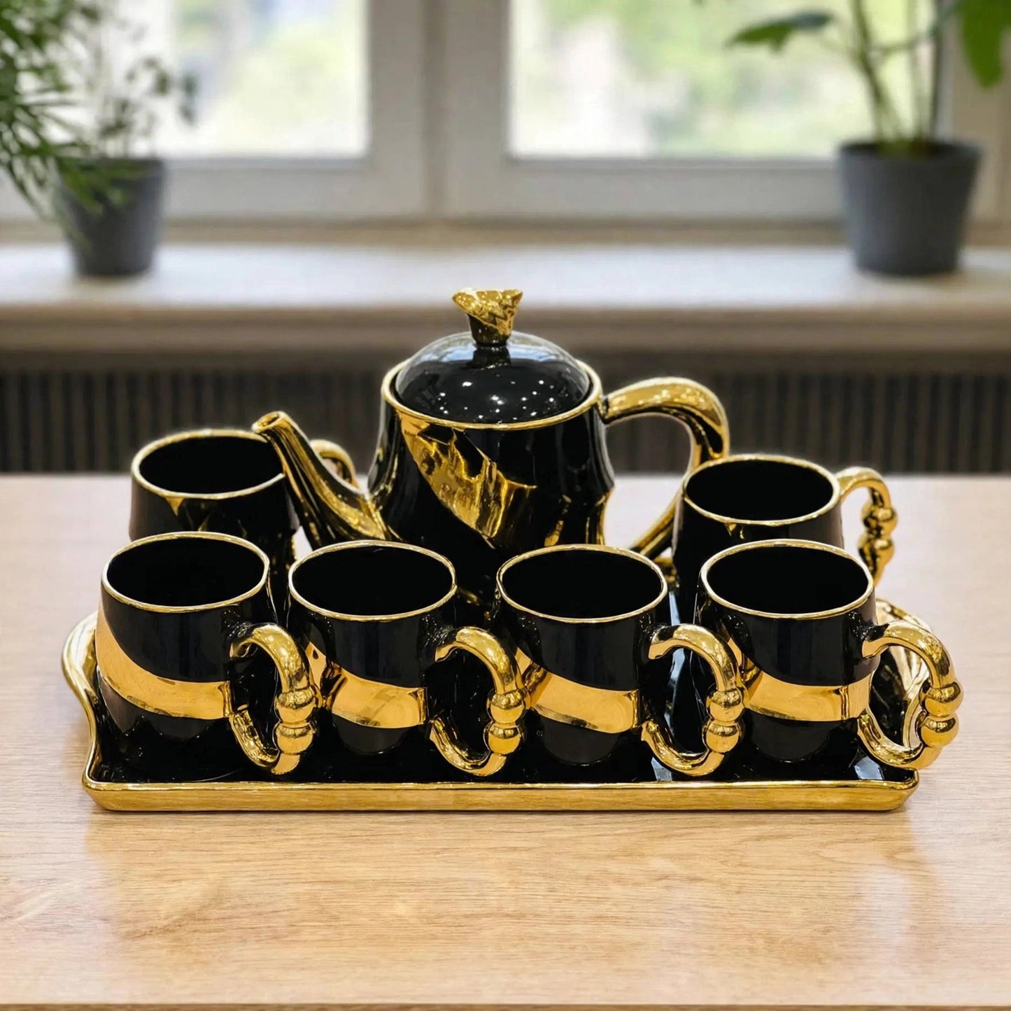 Luxury 15 Pcs Swirl Ceramic Tea Set with Tray & Stand