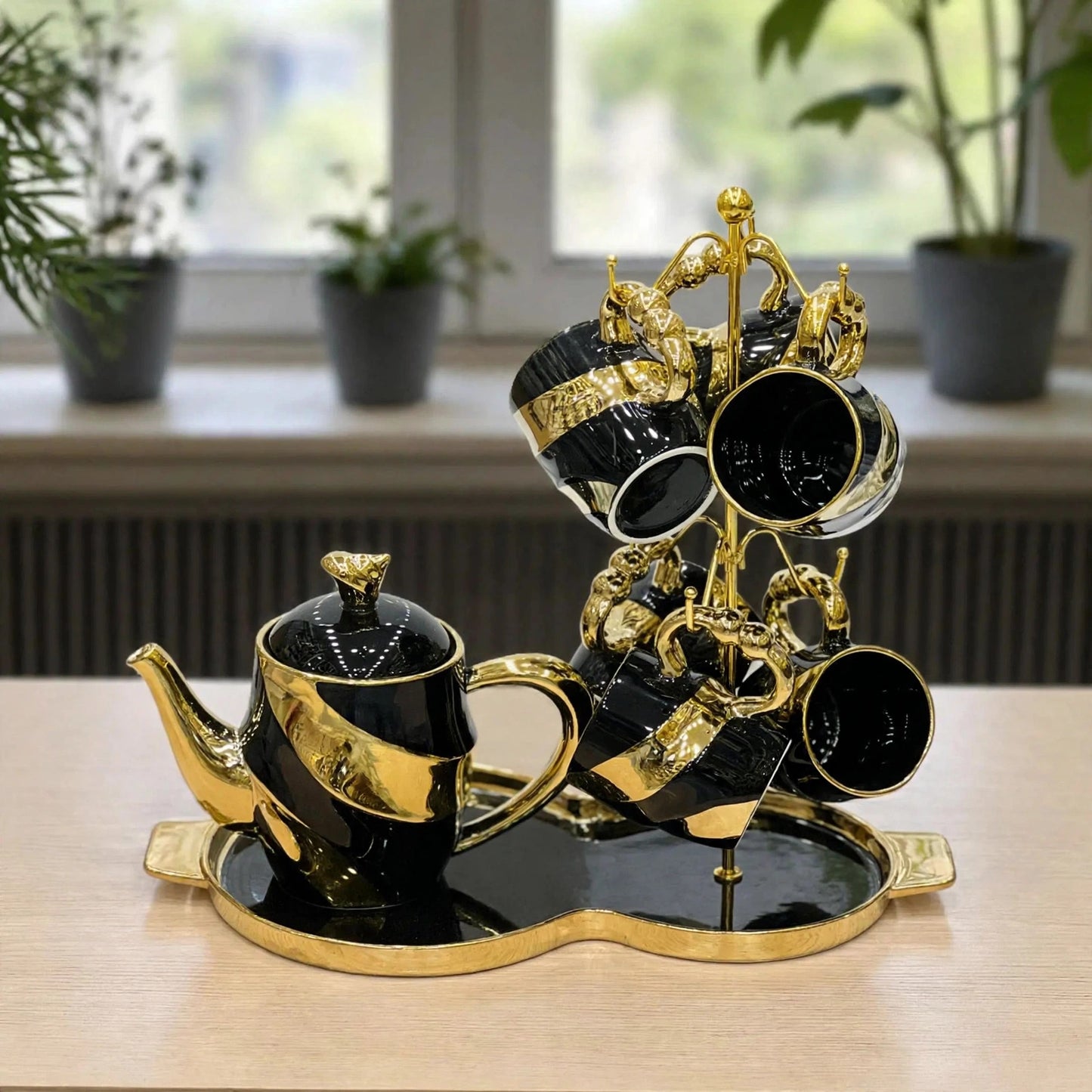 Luxury 15 Pcs Swirl Ceramic Tea Set with Tray & Stand