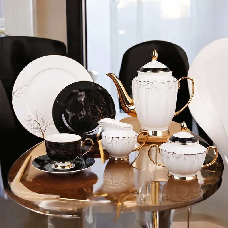 Luxury Gold Line 24-Piece Ceramic Tea & Coffee Set