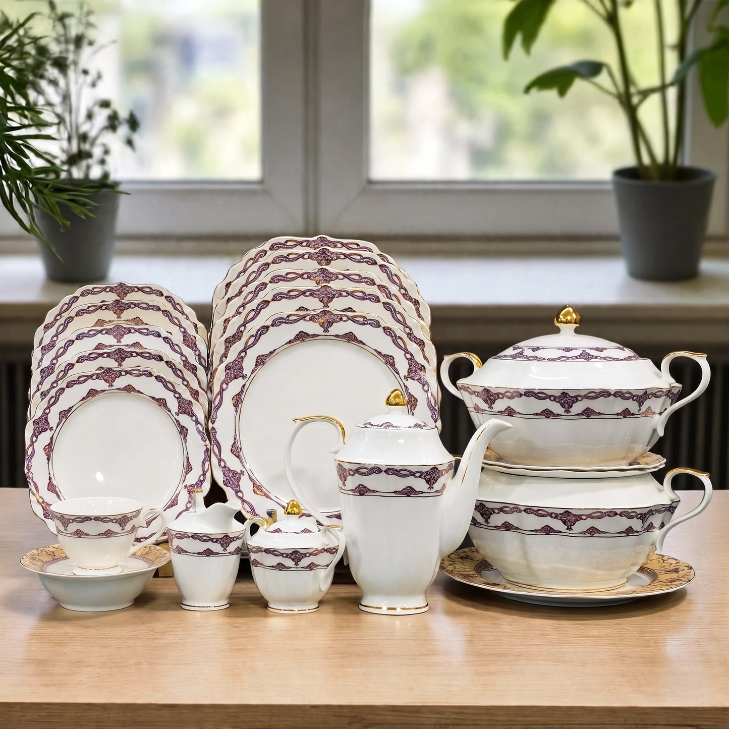 Classic Purple & Gold Border 61-Piece Porcelain Dinner & Tea Set - 8 Person Serving