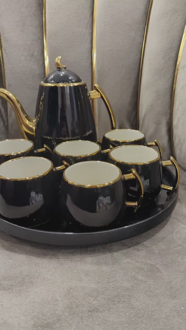 Royal Revolving Ceramic Tea Set with 6 Cups, Teapot, and Stand